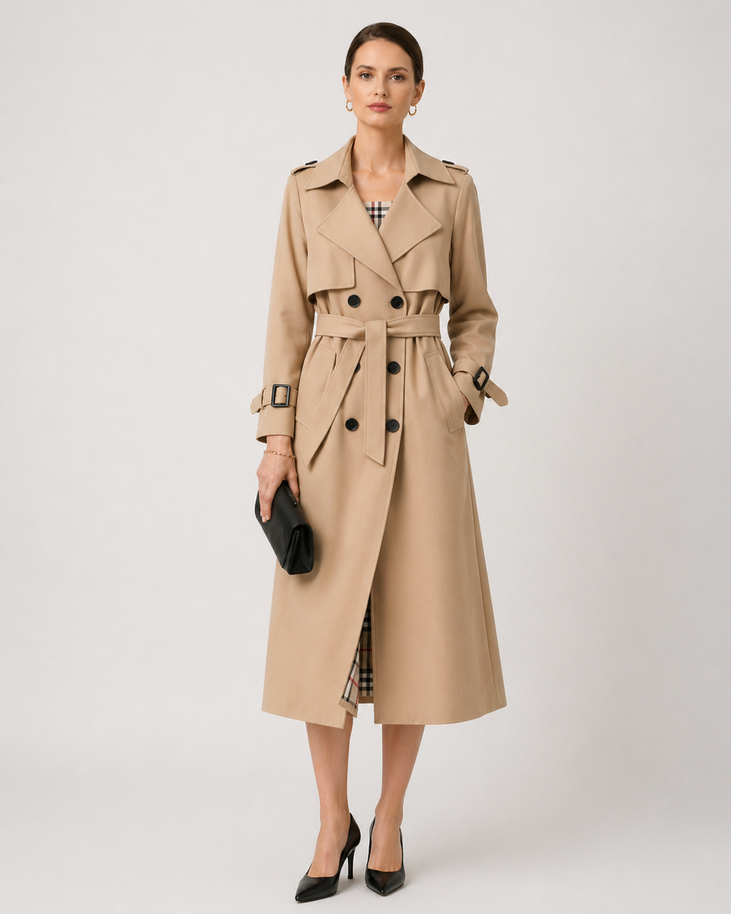Women's Double-Breasted Trench Coat with Check Lining, view 2