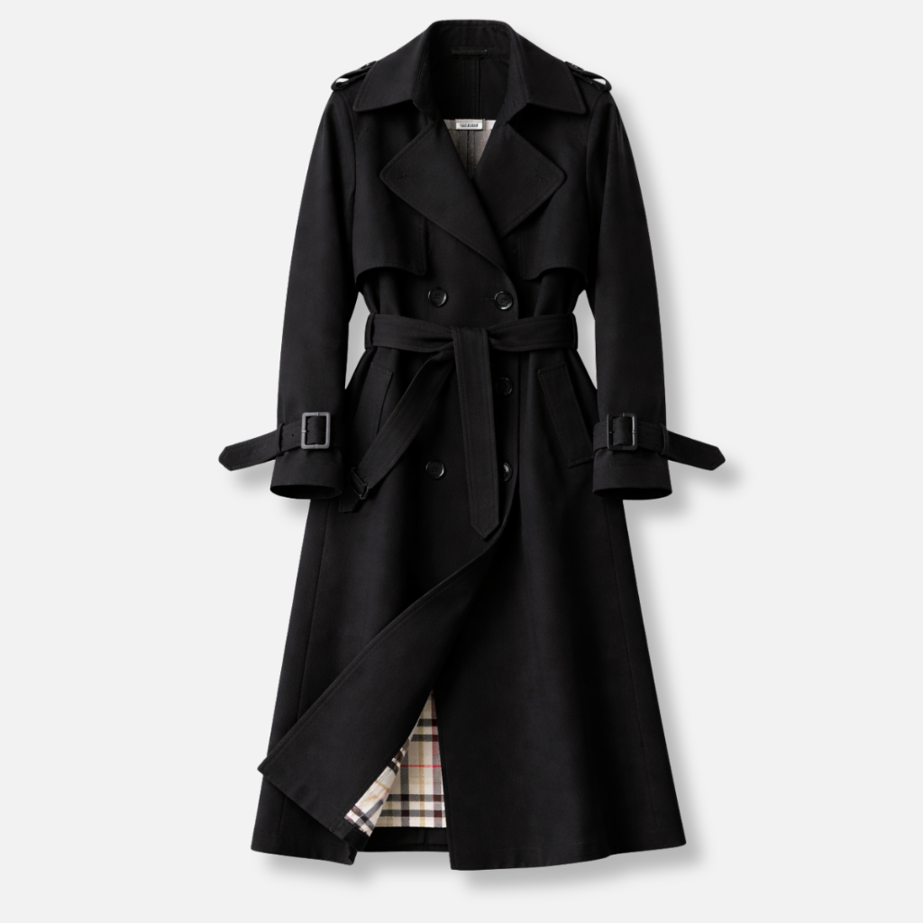 Women's Double-Breasted Trench Coat with Check Lining, Black, view 4