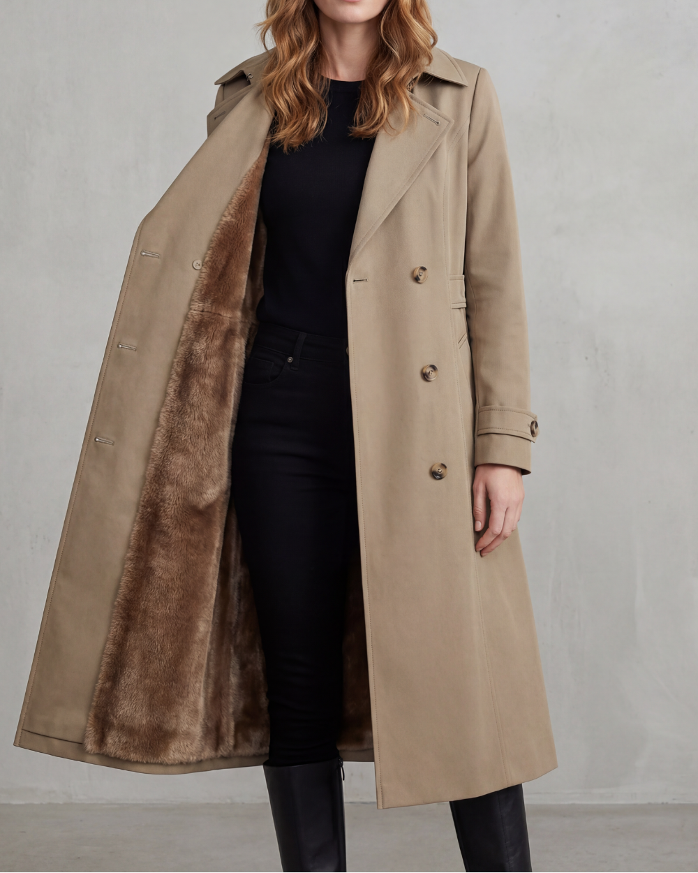 Women's Double-Breasted Trench Coat with Plush Lining, Khaki, view 1