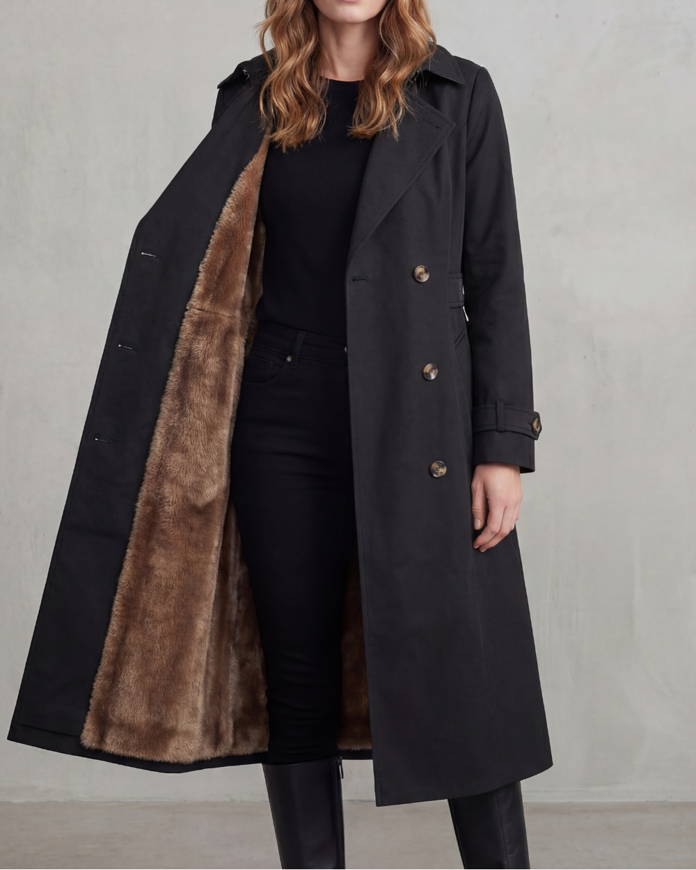 Women's Double-Breasted Trench Coat with Plush Lining, Black, view 5