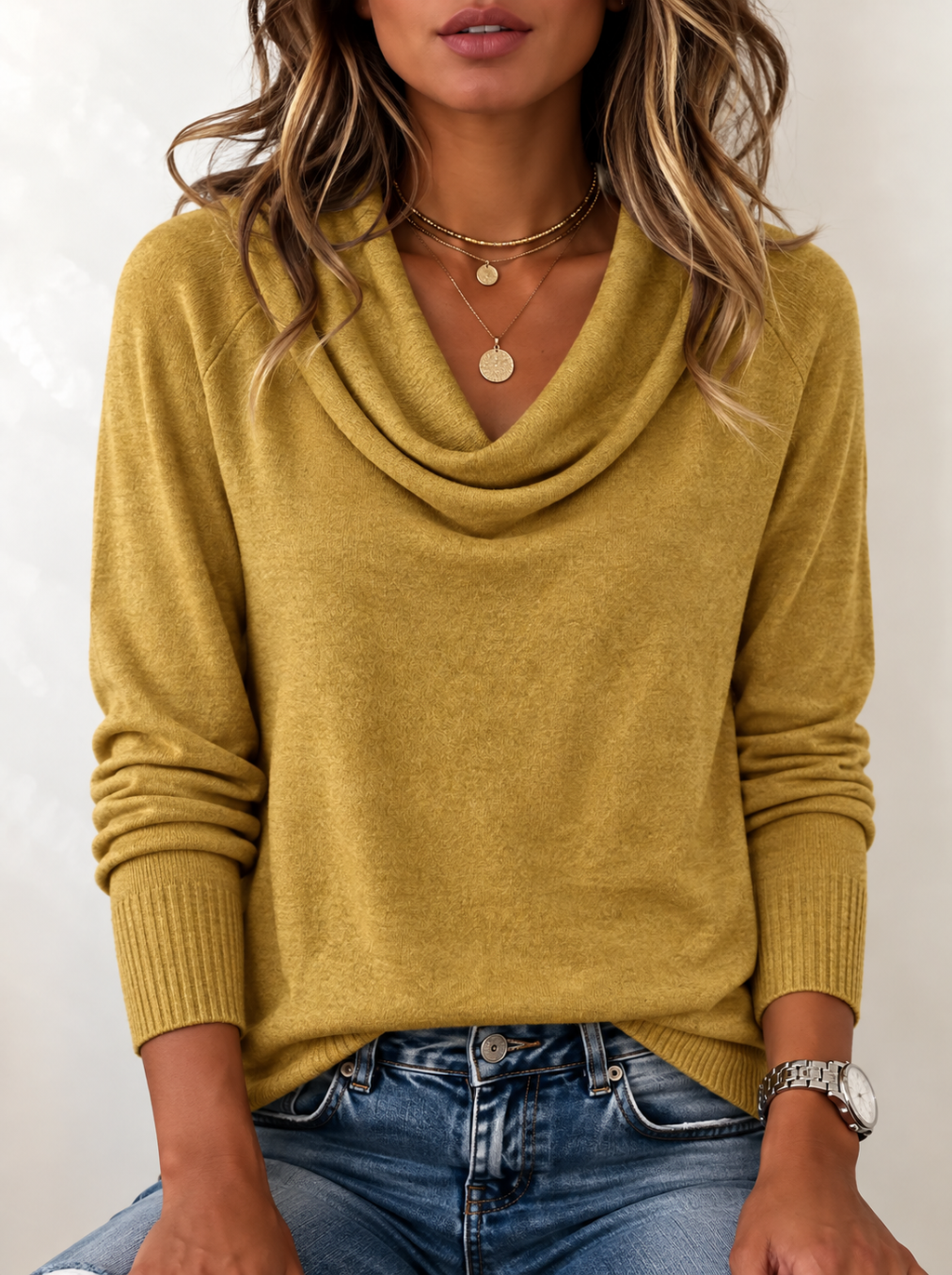 Women's Draped Cowl Neck Jumper with Ribbed Trim, Yellow, view 18