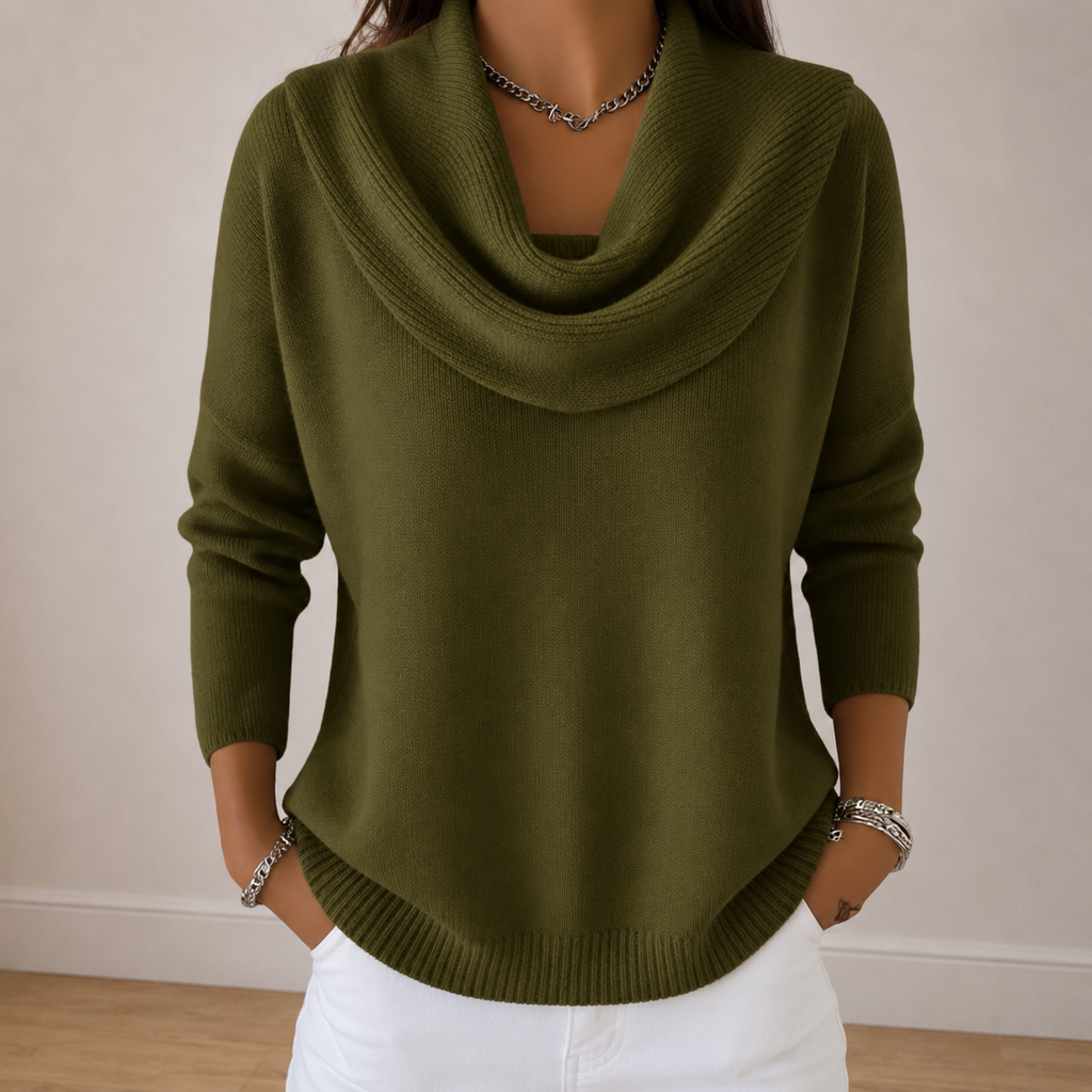 Women's Draped Cowl Neck Relaxed Knit Jumper, Green, view 1