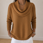 Women's Draped Cowl Neck Relaxed Knit Jumper, Brown, view 2