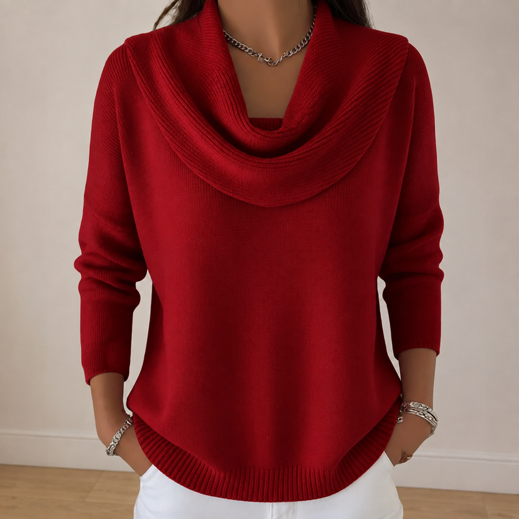 Women's Draped Cowl Neck Relaxed Knit Jumper, Red, view 3