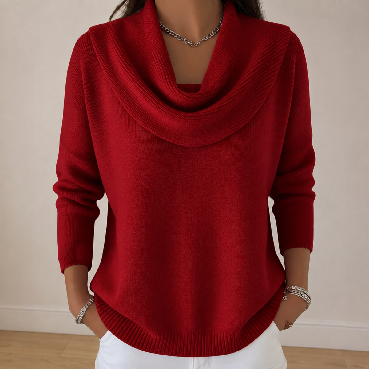 Women's Draped Cowl Neck Relaxed Knit Jumper, Red, view 3