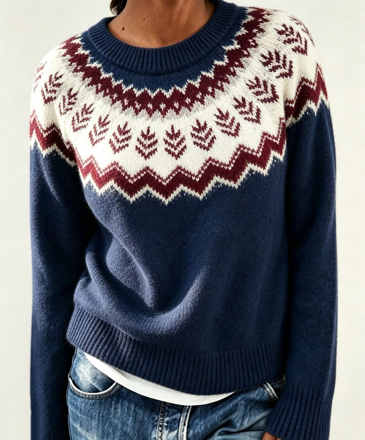 Women's Fair Isle Crew Neck Jumper with Patterned Yoke, Dark Blue, view 1