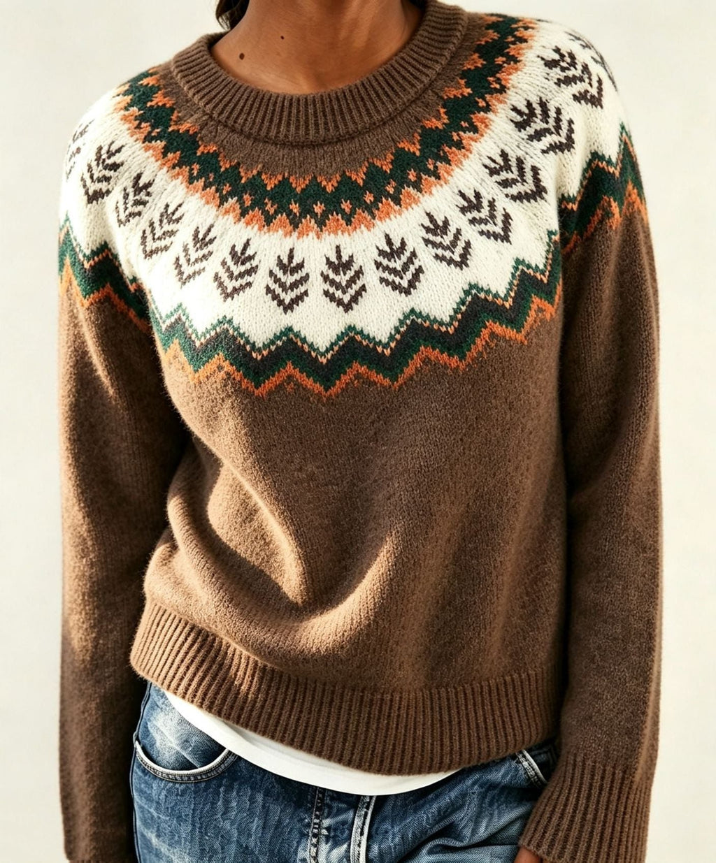 Women's Fair Isle Crew Neck Jumper with Patterned Yoke, Brown, view 4