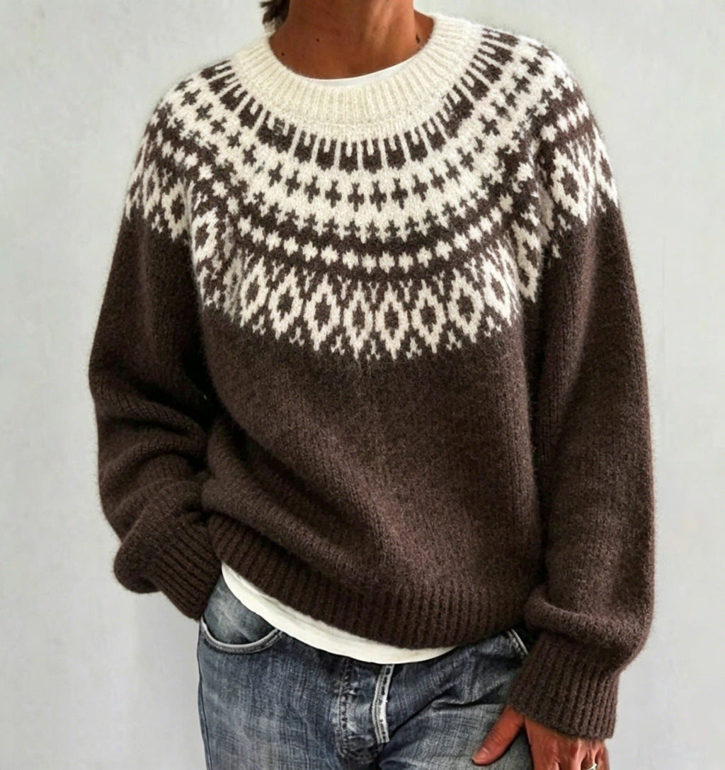 Women's Fair Isle Crew Neck Jumper with Patterned Yoke, Dark Brown, view 5
