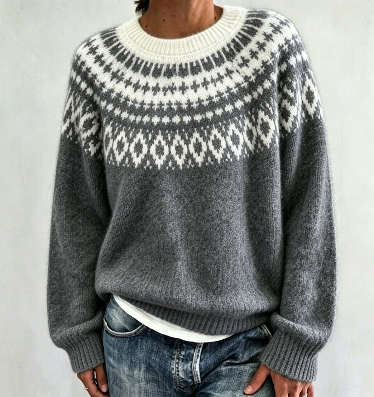 Women's Fair Isle Crew Neck Jumper with Patterned Yoke, Dark Grey, view 6