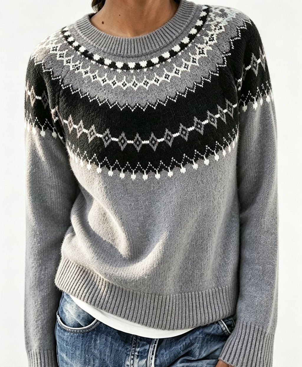 Women's Fair Isle Crew Neck Jumper with Patterned Yoke, Grey, view 7