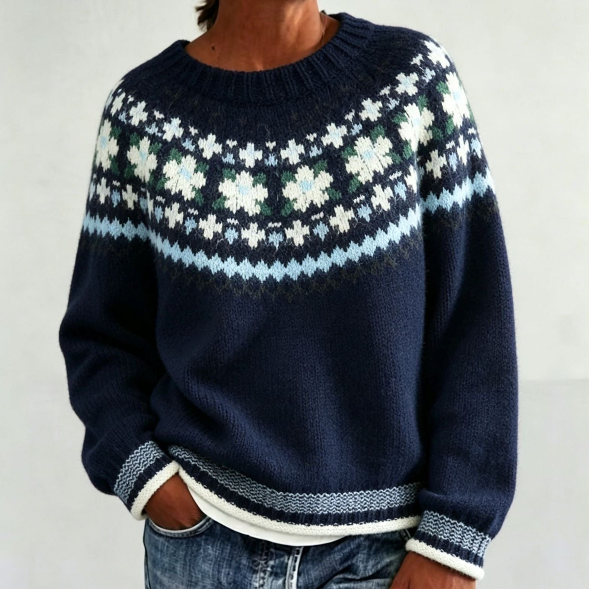 Women's Fair Isle Crew Neck Jumper with Patterned Yoke, Navy Blue, view 8