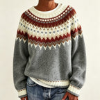 Women's Fair Isle Crew Neck Jumper with Patterned Yoke, Cream Grey, view 12