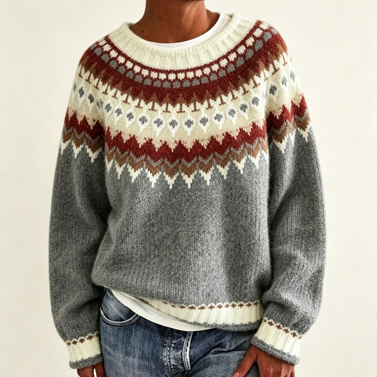 Women's Fair Isle Crew Neck Jumper with Patterned Yoke, Cream Grey, view 12