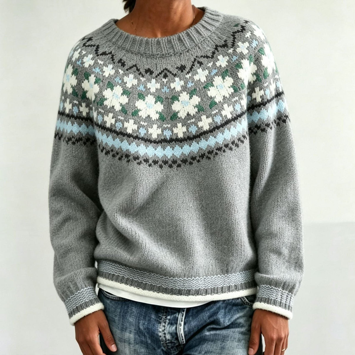 Women's Fair Isle Crew Neck Jumper with Patterned Yoke, Floral Grey, view 14