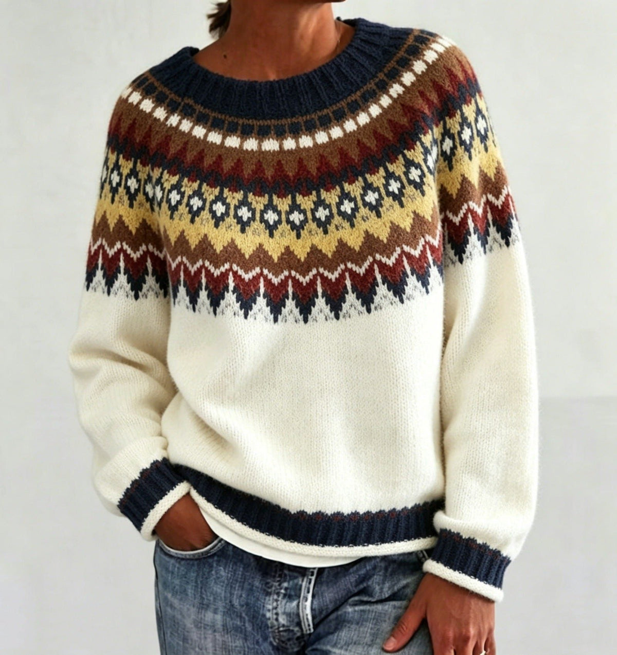 Women's Fair Isle Crew Neck Jumper with Patterned Yoke, Beige Yellow, view 17