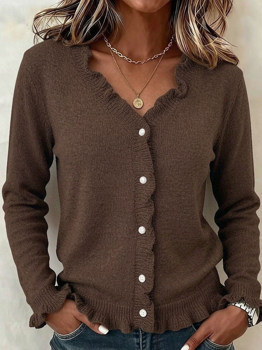 Women's Fine Knit Cardigan with Frill Trim and V-Neck, Brown, view 1