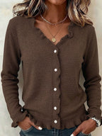 Women's Fine Knit Cardigan with Frill Trim and V-Neck, Brown, view 1