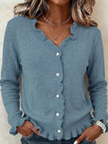 Women's Fine Knit Cardigan with Frill Trim and V-Neck, Blue, view 2