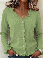 Women's Fine Knit Cardigan with Frill Trim and V-Neck, Green, view 4