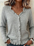 Women's Fine Knit Cardigan with Frill Trim and V-Neck, Grey, view 5