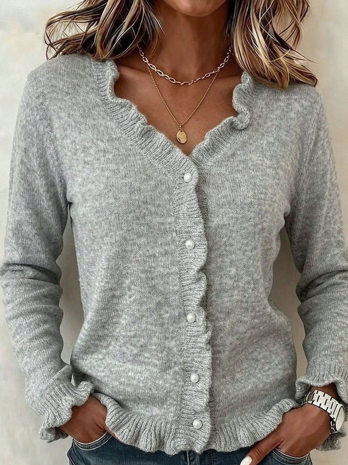 Women's Fine Knit Cardigan with Frill Trim and V-Neck, Grey, view 5