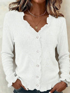 Women's Fine Knit Cardigan with Frill Trim and V-Neck, White, view 6