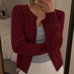 Women's Fine Knit Round Neck Cardigan with Ribbed Trim, Burgundy, view 1