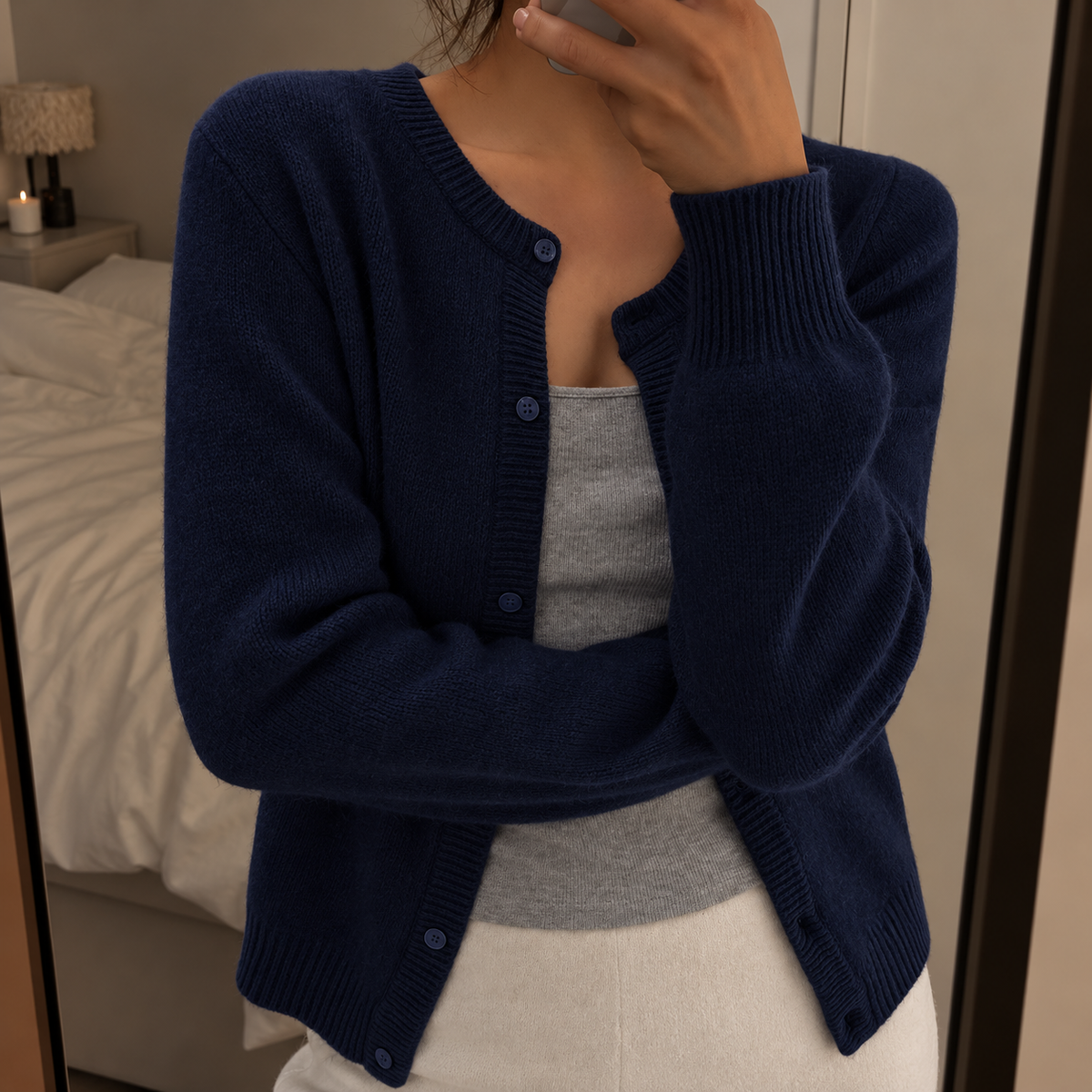 Women's Fine Knit Round Neck Cardigan with Ribbed Trim, Navy Blue, view 2