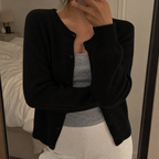 Women's Fine Knit Round Neck Cardigan with Ribbed Trim, Black, view 3