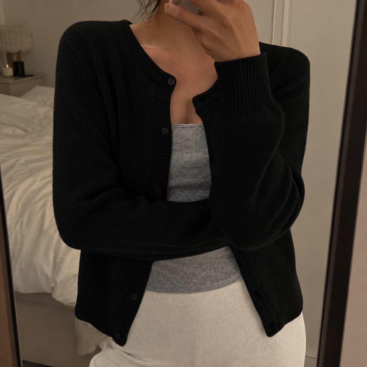 Women's Fine Knit Round Neck Cardigan with Ribbed Trim, Black, view 3