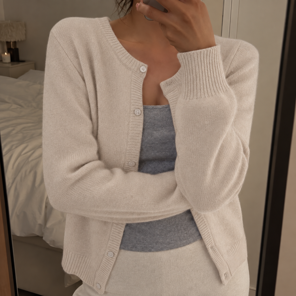 Women's Fine Knit Round Neck Cardigan with Ribbed Trim, Beige, view 4
