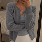 Women's Fine Knit Round Neck Cardigan with Ribbed Trim, Grey, view 5