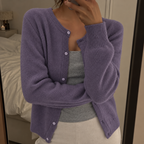 Women's Fine Knit Round Neck Cardigan with Ribbed Trim, Purple, view 6