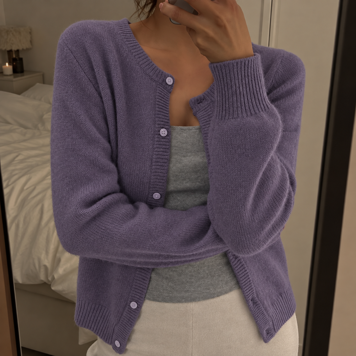 Women's Fine Knit Round Neck Cardigan with Ribbed Trim, Purple, view 6