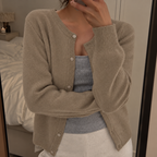 Women's Fine Knit Round Neck Cardigan with Ribbed Trim, Khaki, view 7