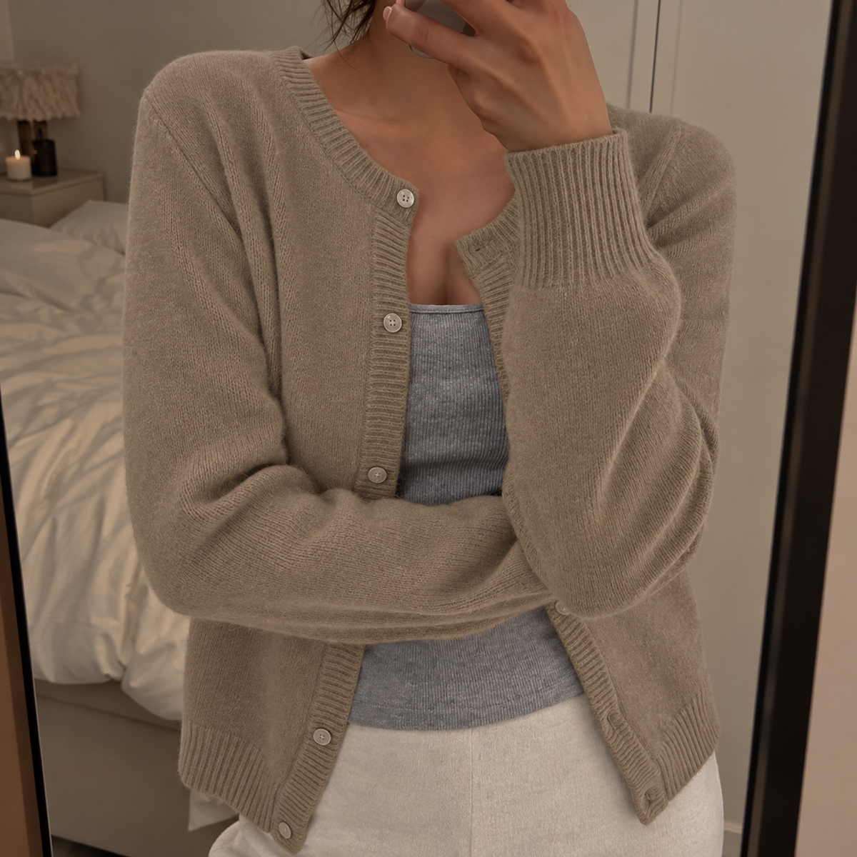 Women's Fine Knit Round Neck Cardigan with Ribbed Trim, Khaki, view 7