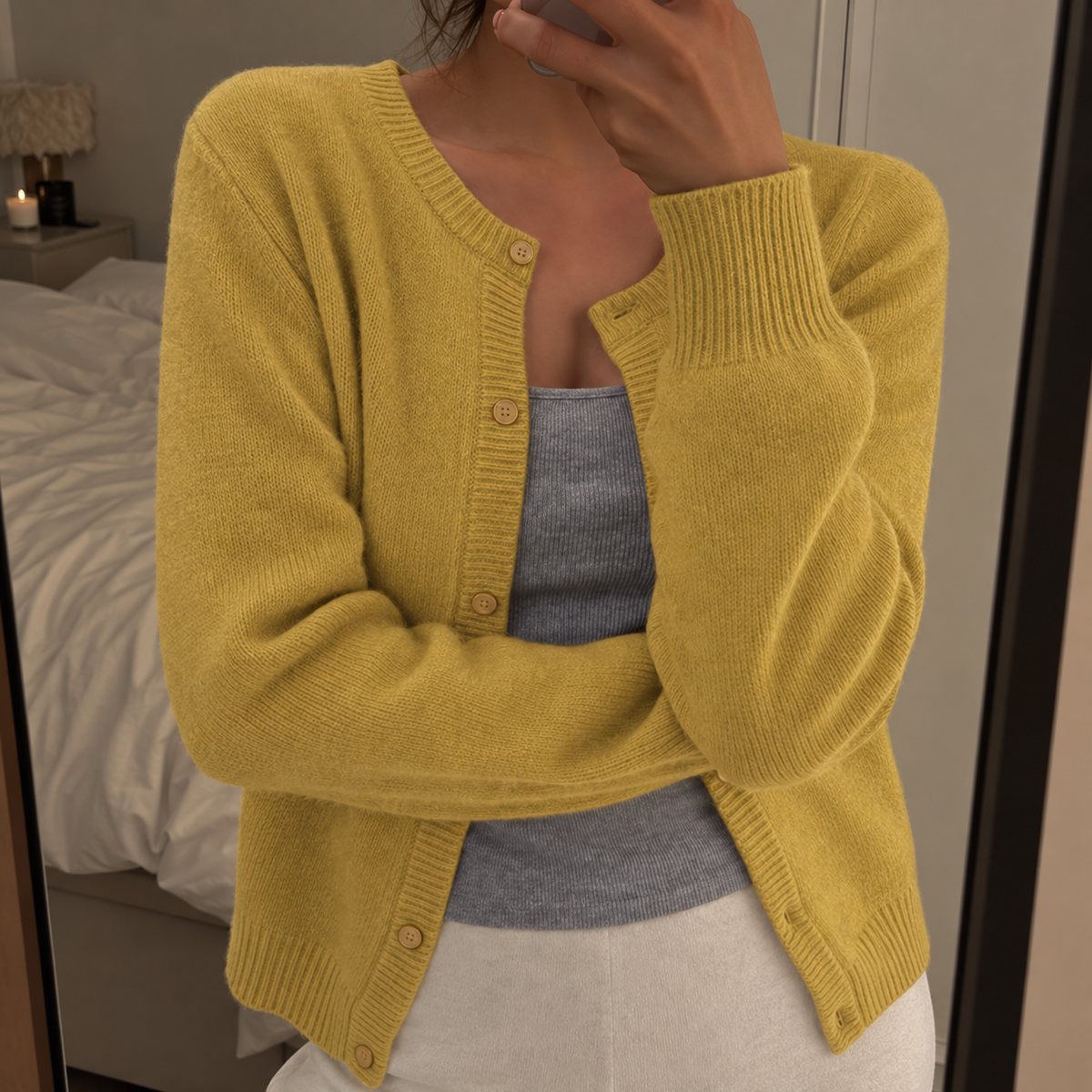 Women's Fine Knit Round Neck Cardigan with Ribbed Trim, Yellow, view 8