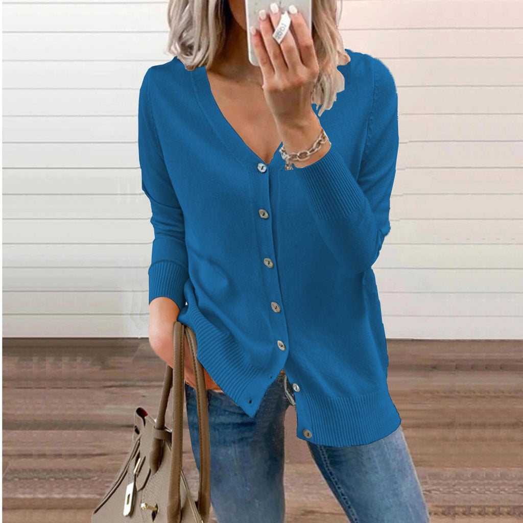Women's Fine-Knit V-Neck Cardigan with Ribbed Cuffs, Blue, view 1