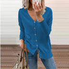 Women's Fine-Knit V-Neck Cardigan with Ribbed Cuffs, Blue, view 1