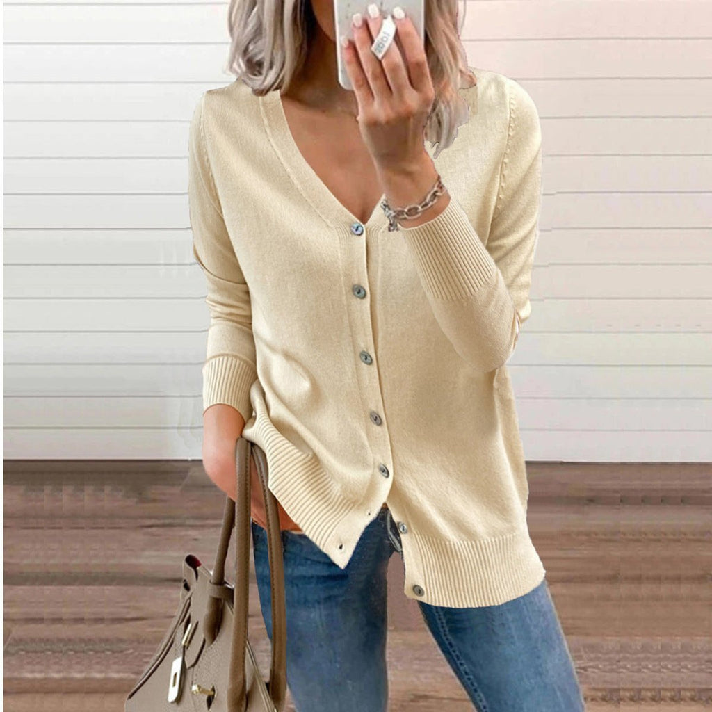 Women's Fine-Knit V-Neck Cardigan with Ribbed Cuffs, Beige, view 2
