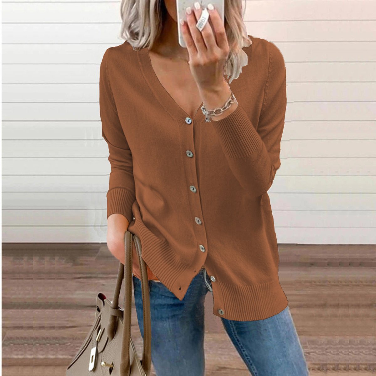 Women's Fine-Knit V-Neck Cardigan with Ribbed Cuffs, Brown, view 3