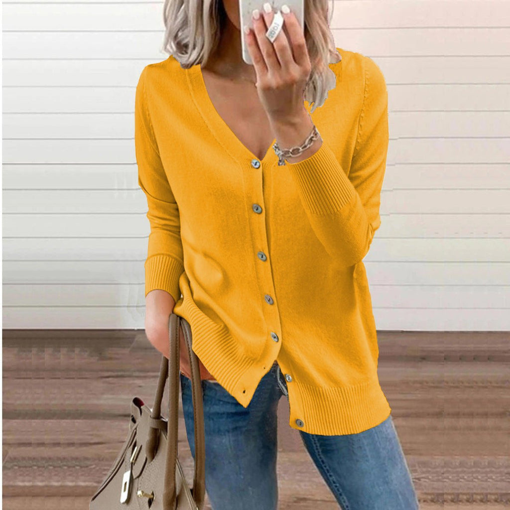 Women's Fine-Knit V-Neck Cardigan with Ribbed Cuffs, Yellow, view 4