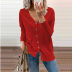 Women's Fine-Knit V-Neck Cardigan with Ribbed Cuffs, Red, view 6