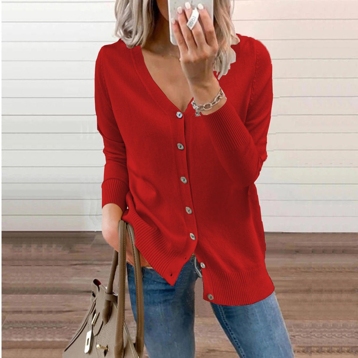 Women's Fine-Knit V-Neck Cardigan with Ribbed Cuffs, Red, view 6