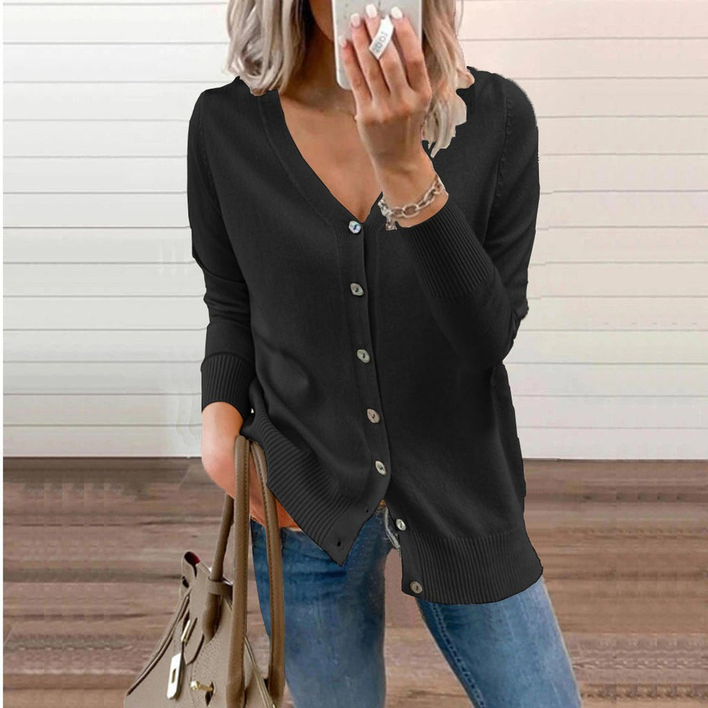 Women's Fine-Knit V-Neck Cardigan with Ribbed Cuffs, Black, view 7