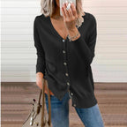 Women's Fine-Knit V-Neck Cardigan with Ribbed Cuffs, Black, view 7