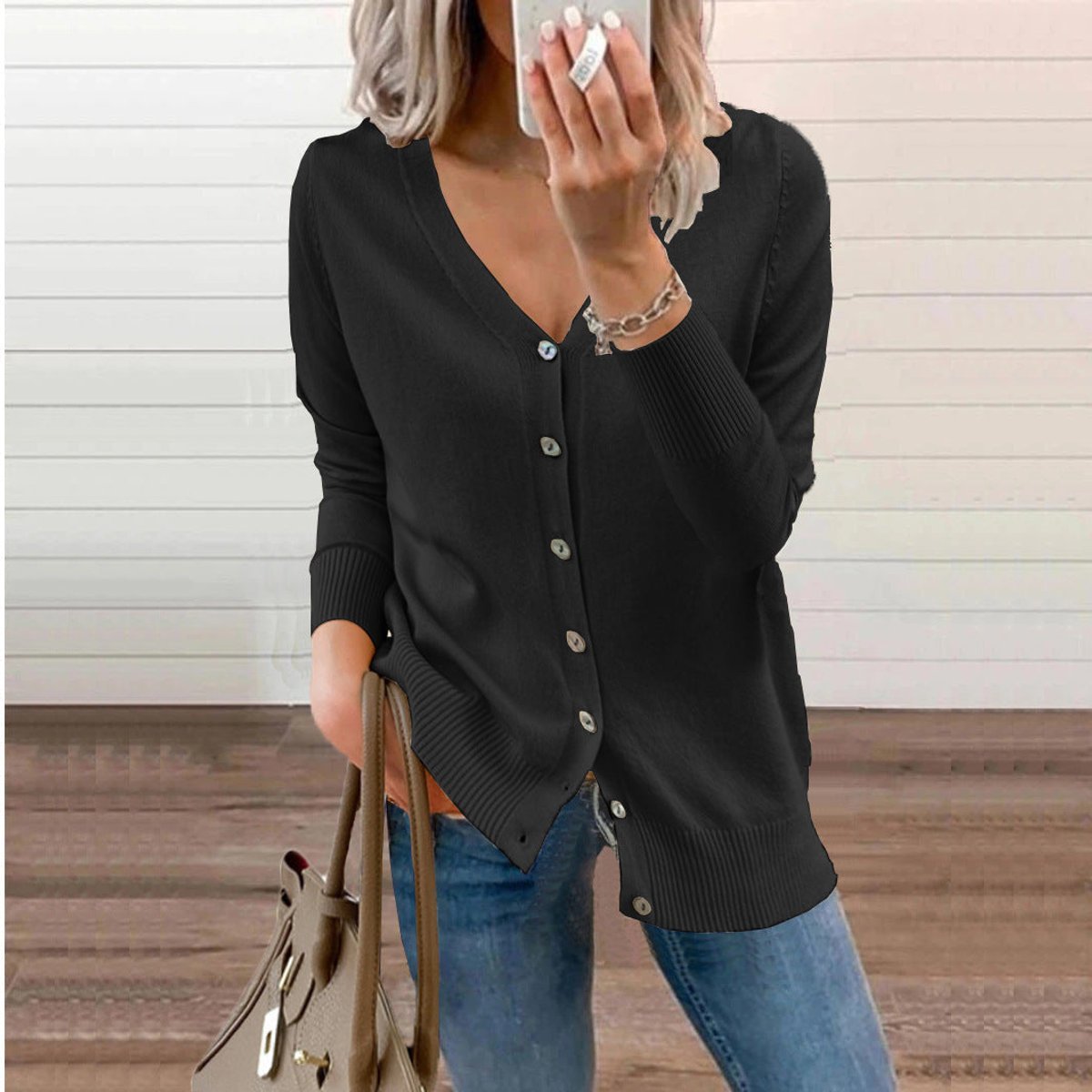 Women's Fine-Knit V-Neck Cardigan with Ribbed Cuffs, Black, view 7