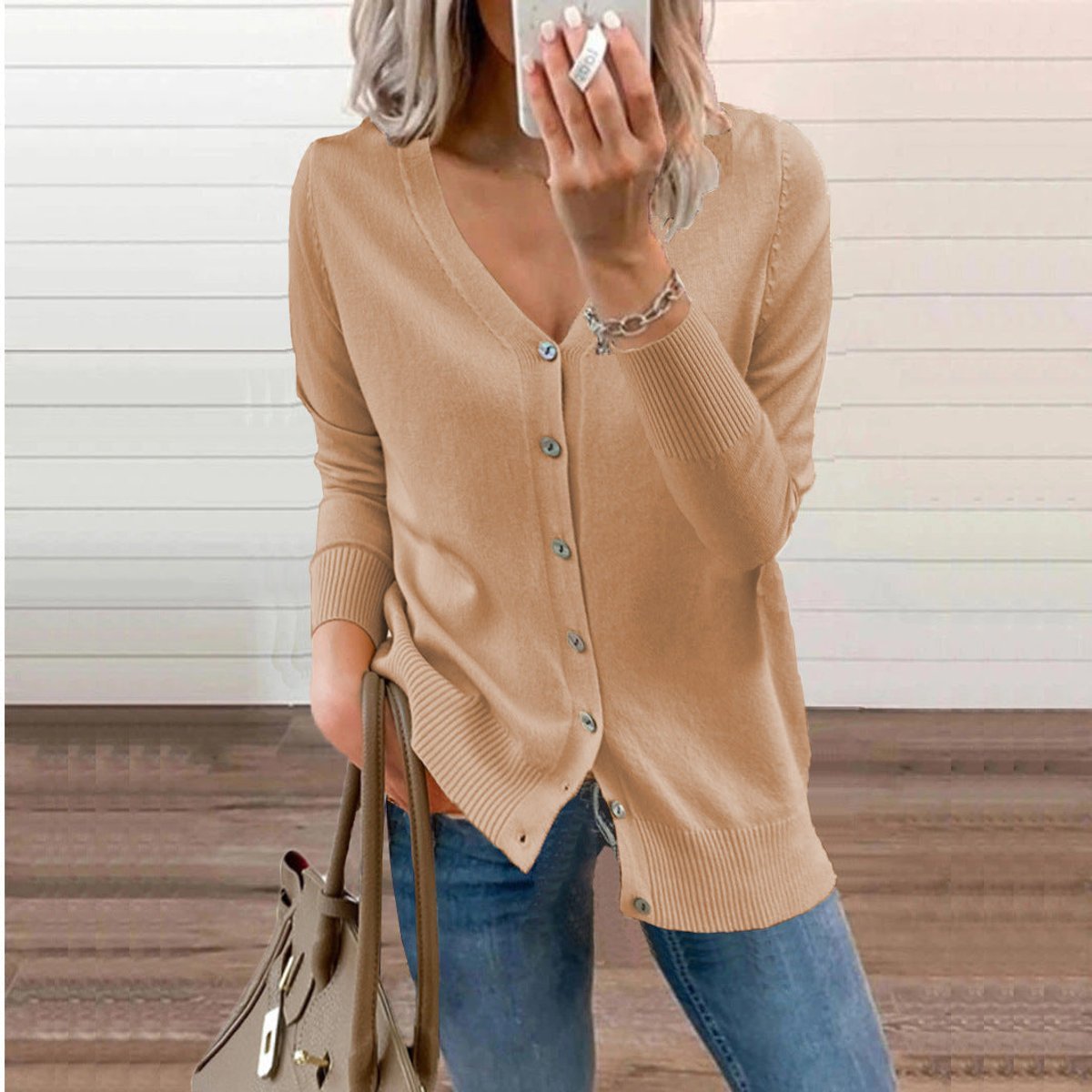 Women's Fine-Knit V-Neck Cardigan with Ribbed Cuffs, Camel, view 8
