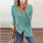 Women's Fine-Knit V-Neck Cardigan with Ribbed Cuffs, Teal, view 9