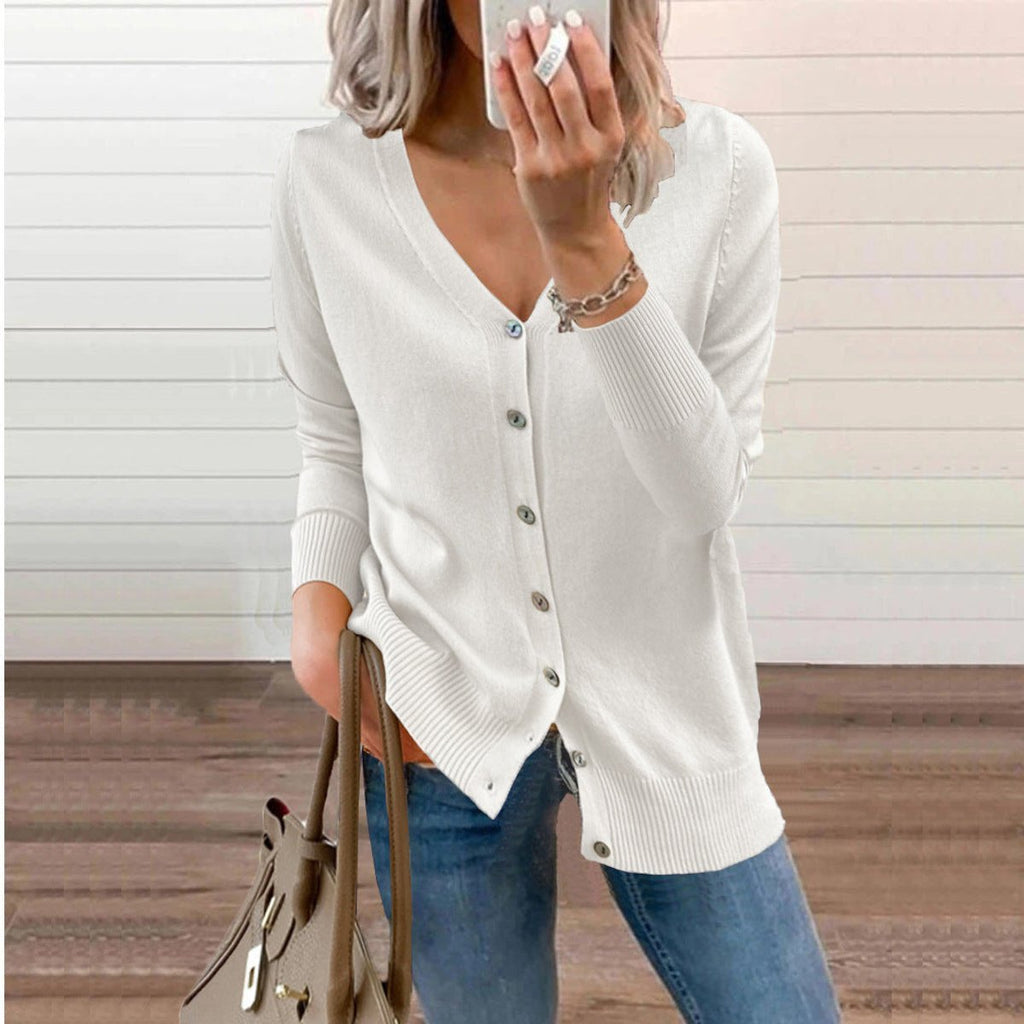 Women's Fine-Knit V-Neck Cardigan with Ribbed Cuffs, White, view 10